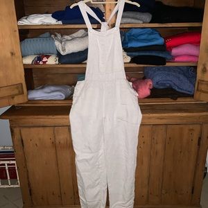 Pilcro Linen tan/cream Overalls Anthropologie (Sm)